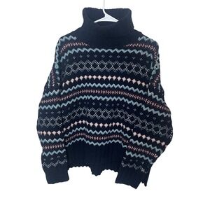 Barbour Fox Knit Sweater Womens Size 12 Navy Fair Isle Wool Turtleneck